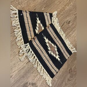 Black and Tan Southwestern Accent Rug Pair with Fringe  or Food & Water Bowl Mat